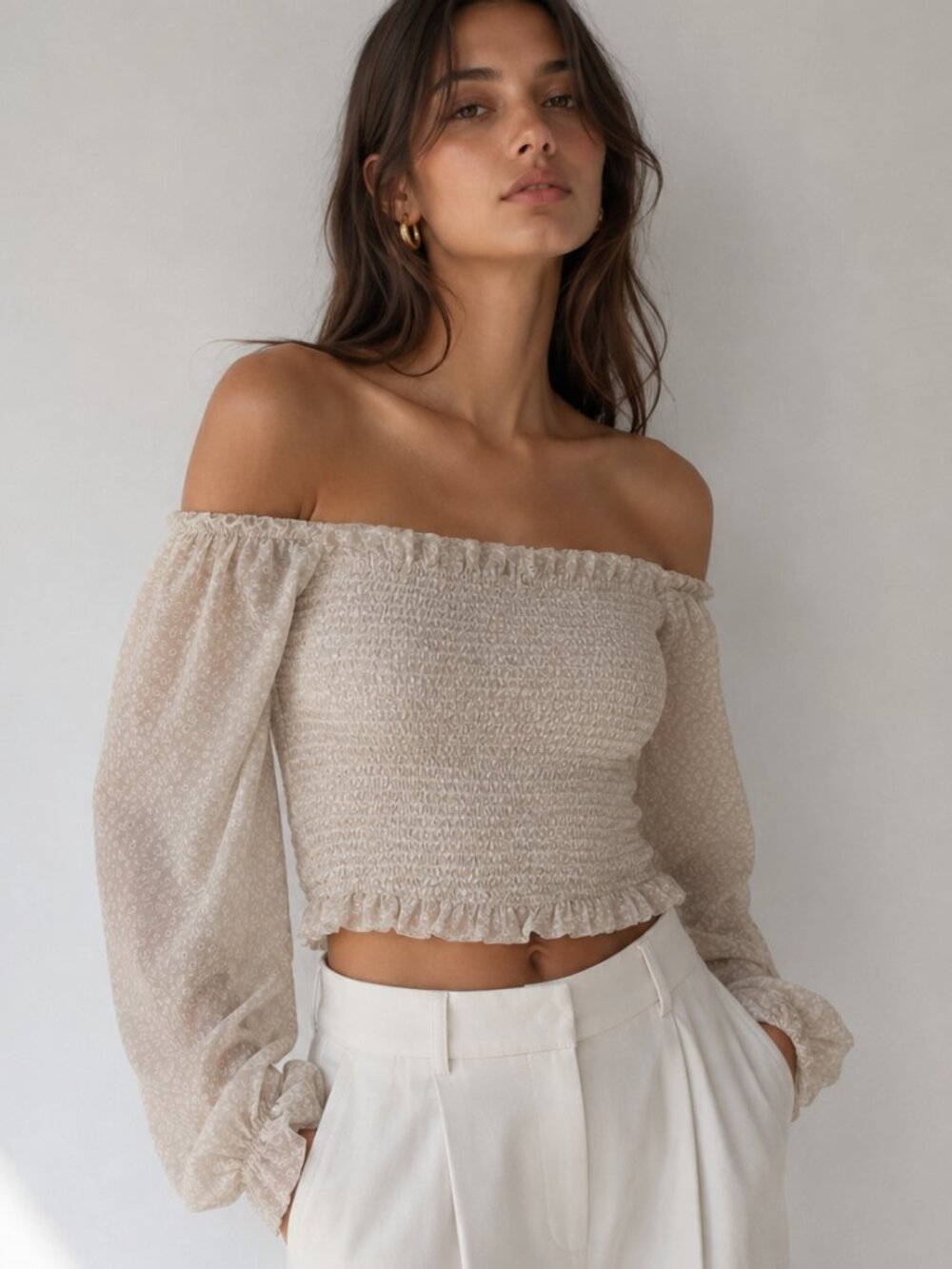 Japna Beige Off-Shoulder Smocked Crop Top